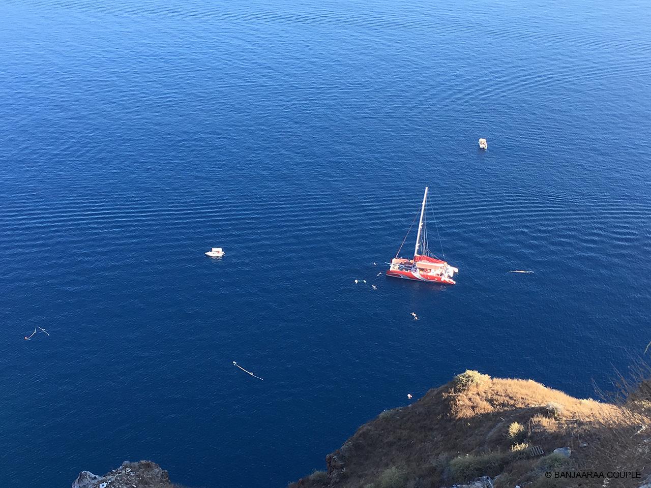 Catamaran as seen from the streets of Oia